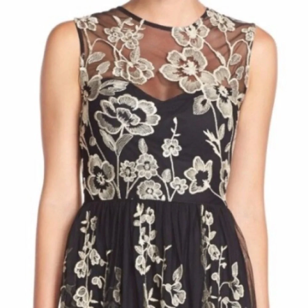 Beige‎ by eci Black Taupe-Gold Embroidered Mesh Cocktail Social Dress S…